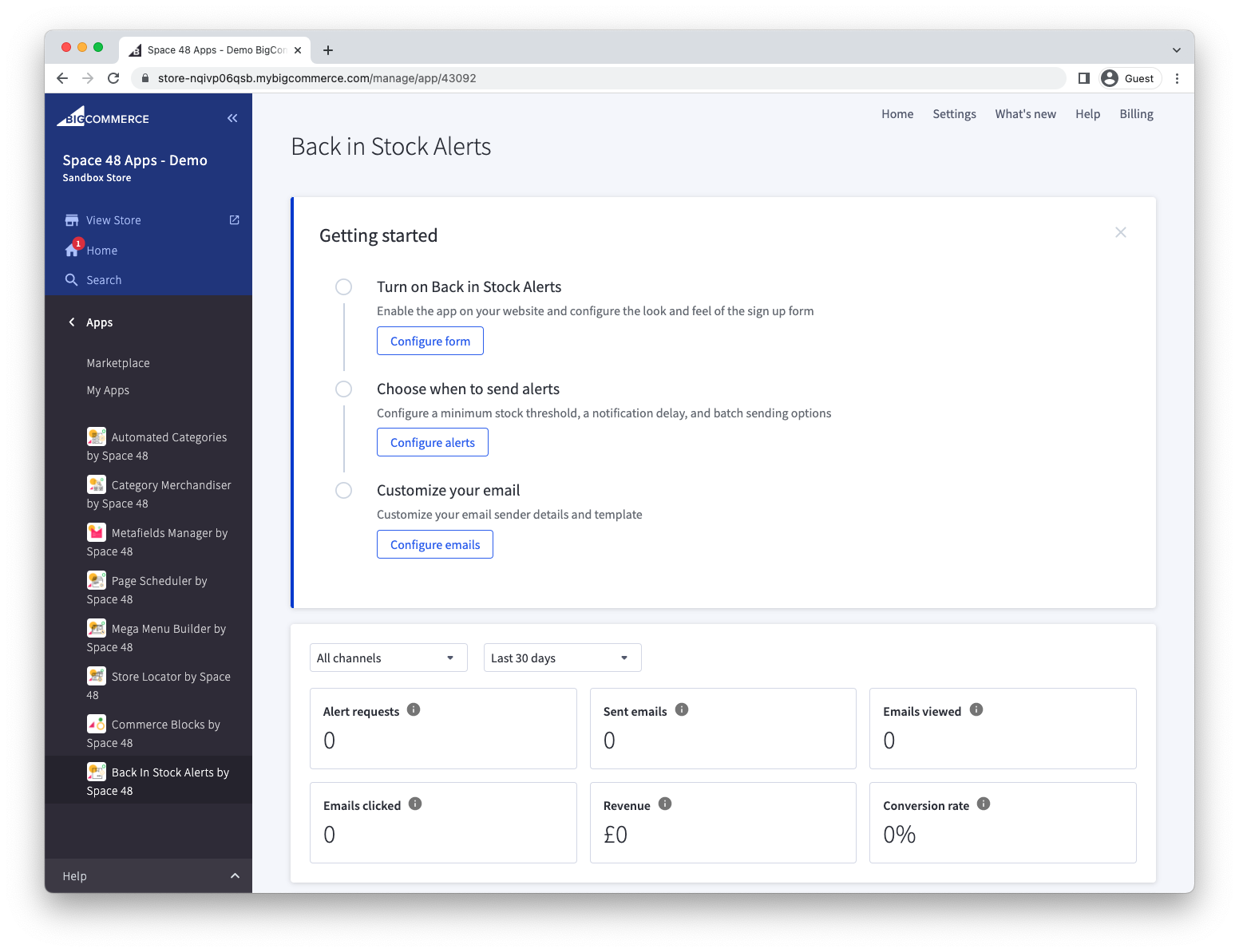 Back in Stock Alerts dashboard showing the three setup steps