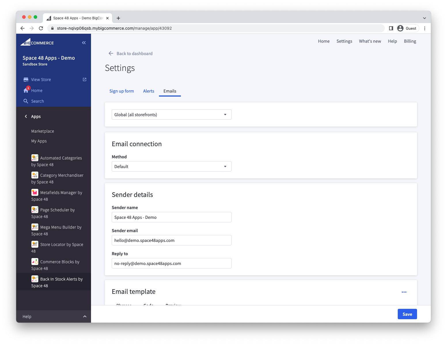 Sender details for notification emails