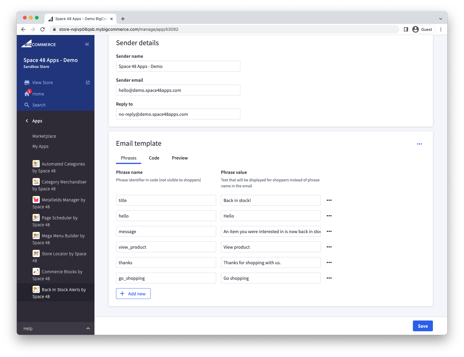 Phrases and email-template settings