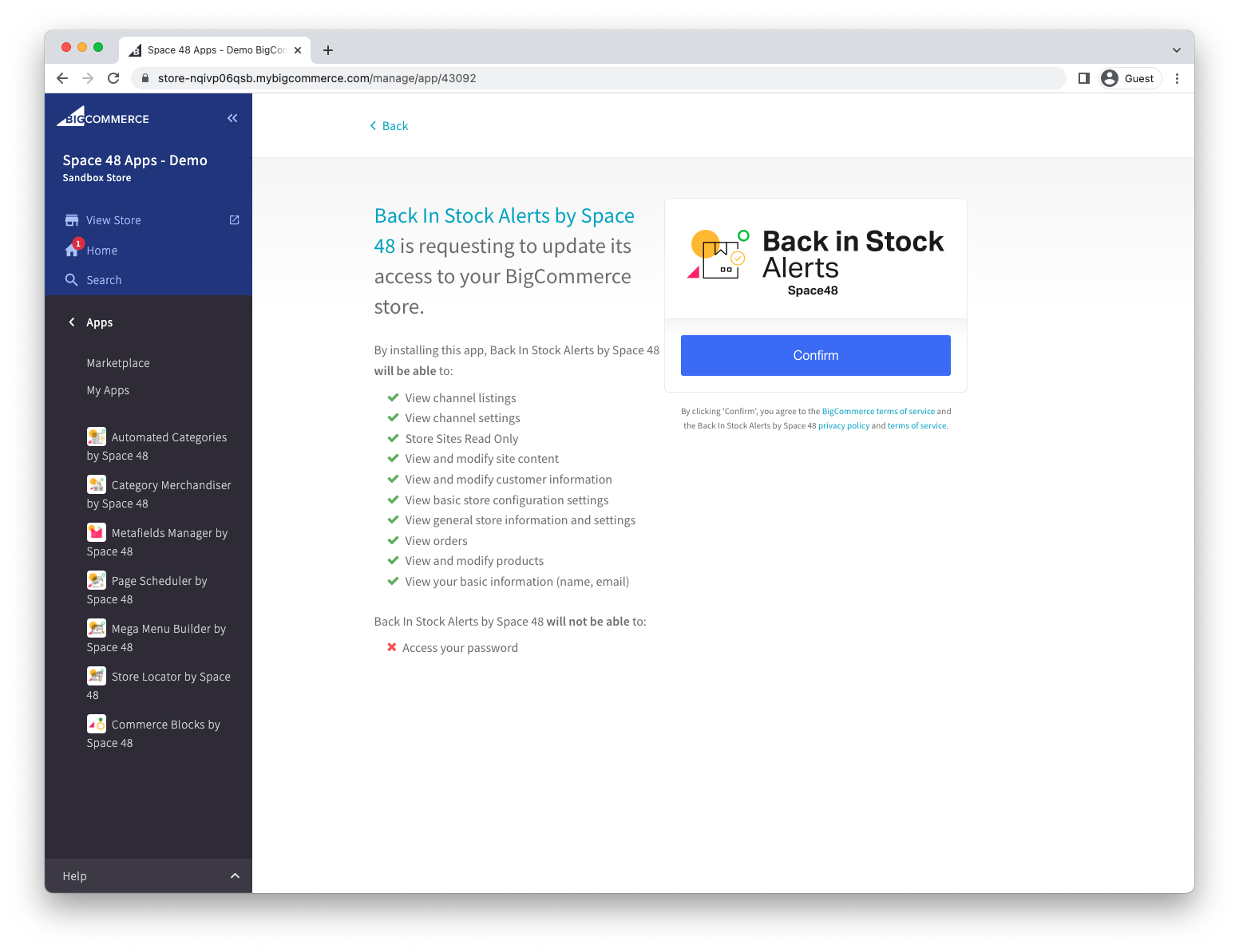 BigCommerce permissions screen for Back in Stock Alerts