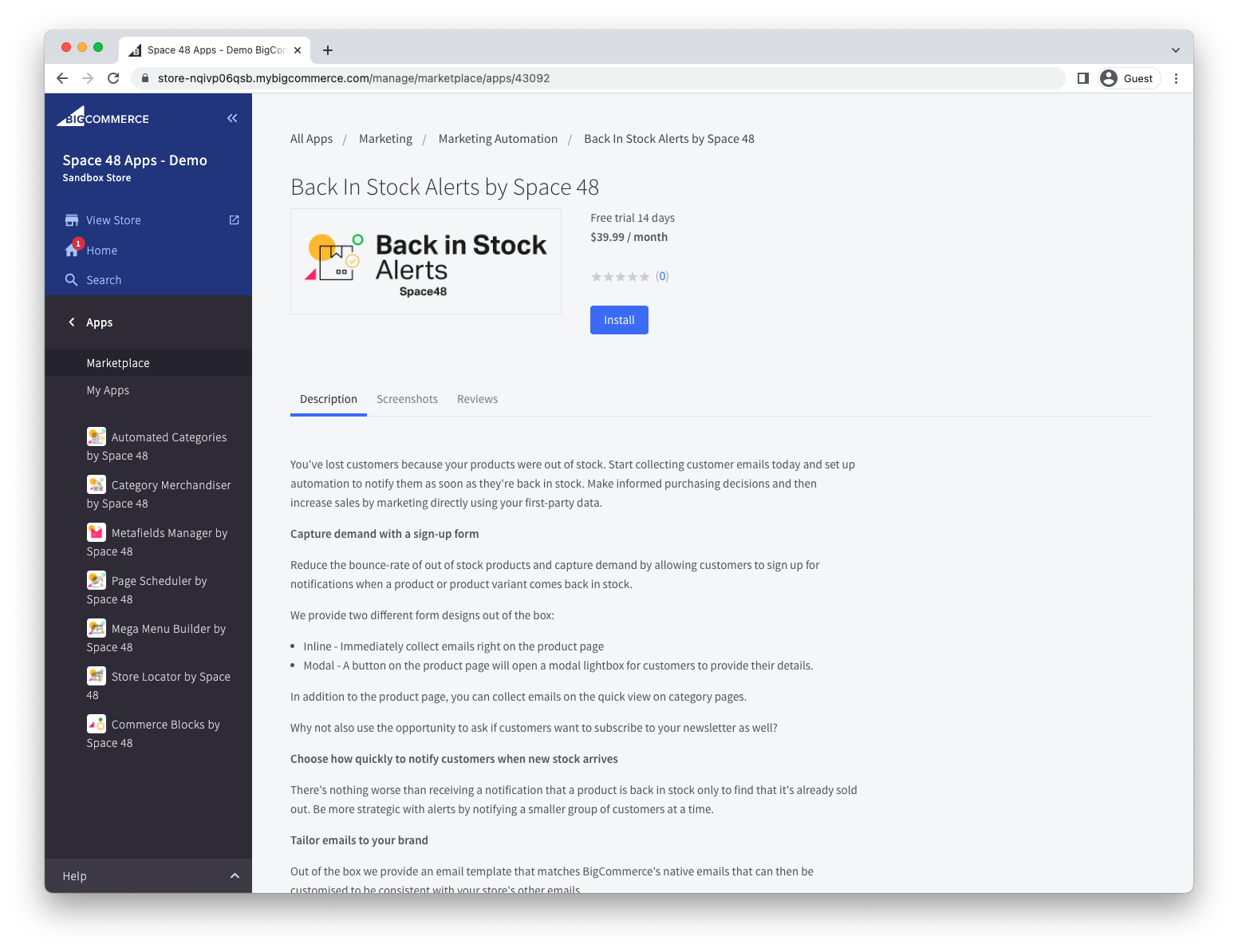 Back in Stock Alerts installation screen in BigCommerce