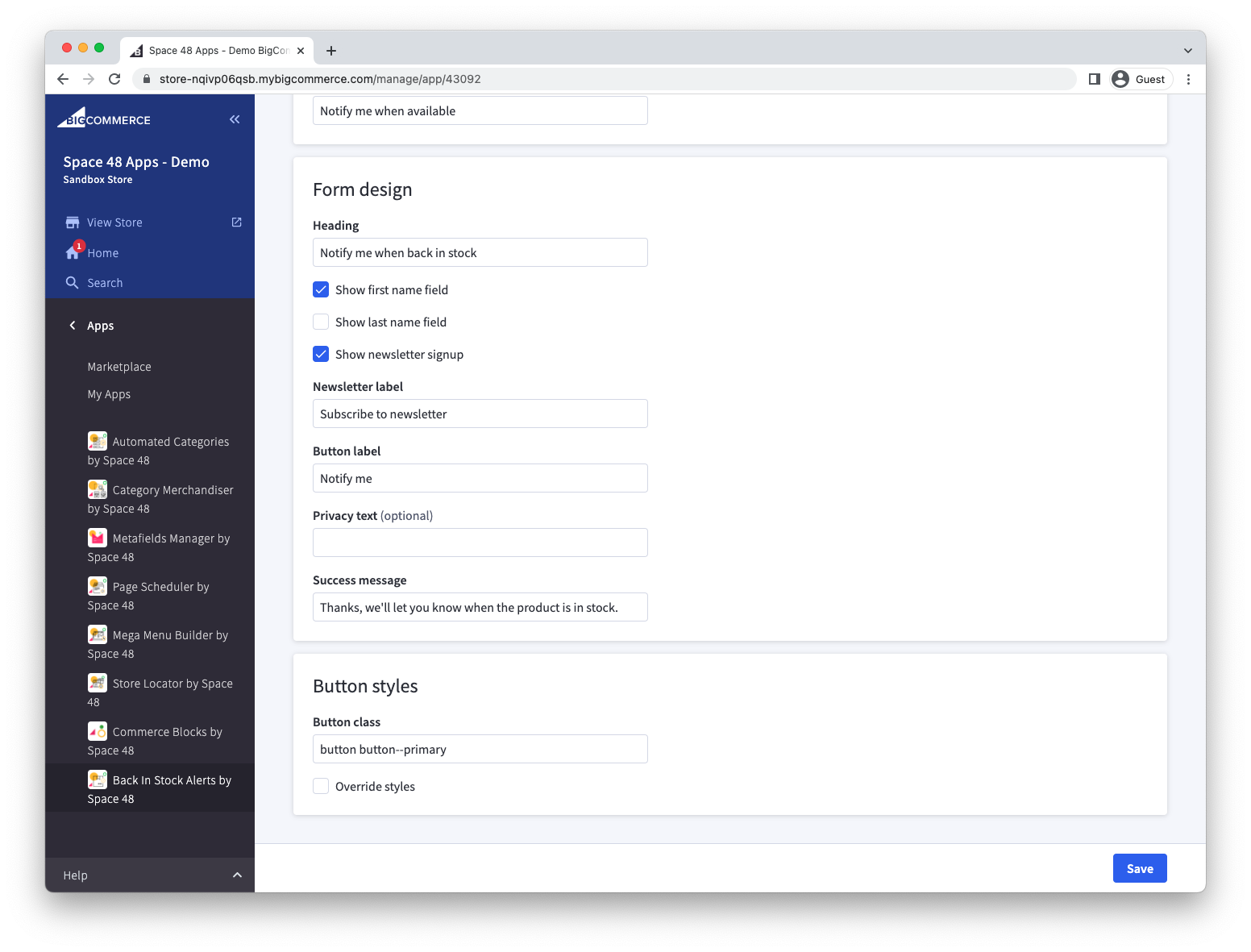 Editable phrases in the form design settings