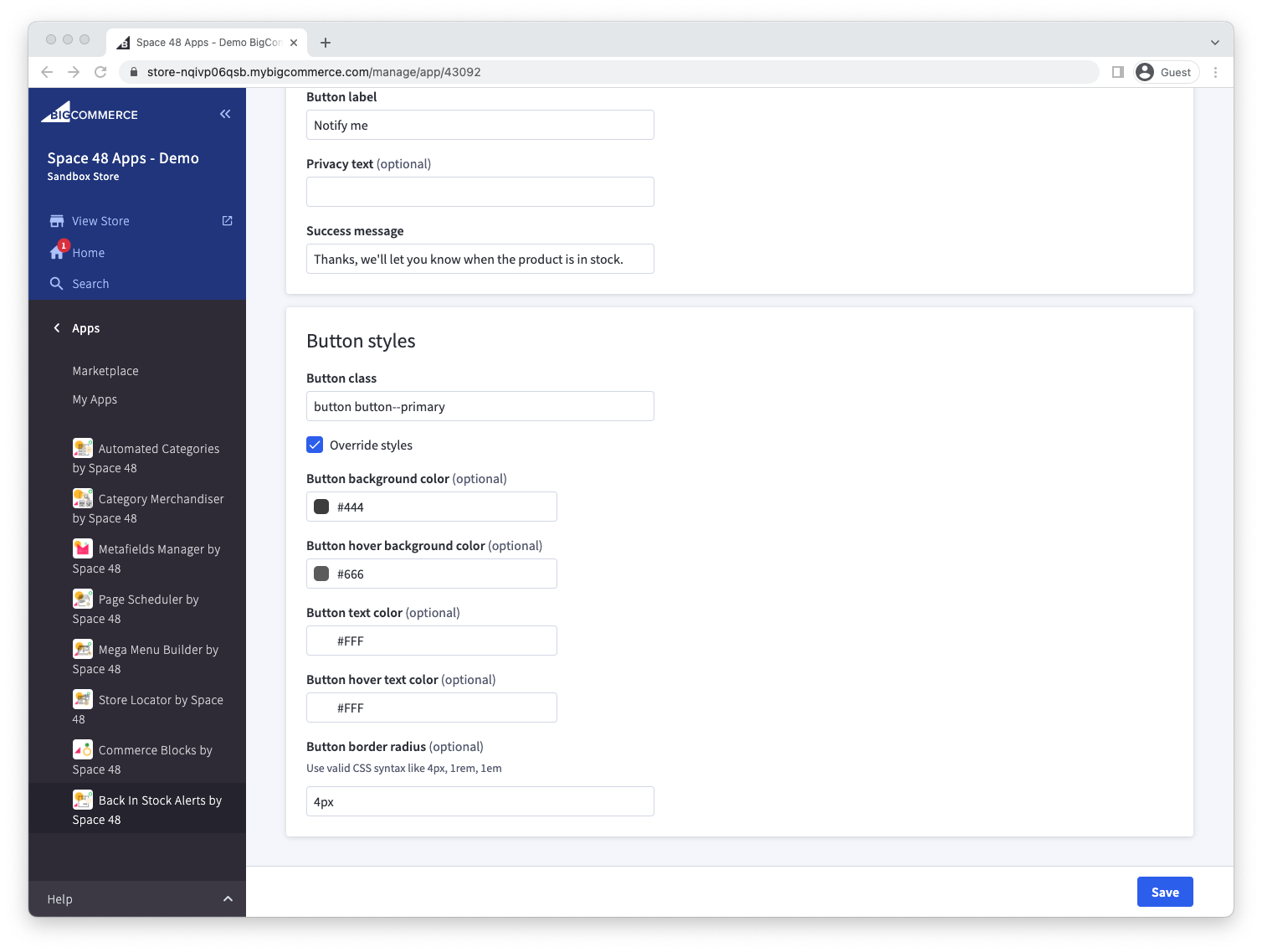 Button class and colour settings