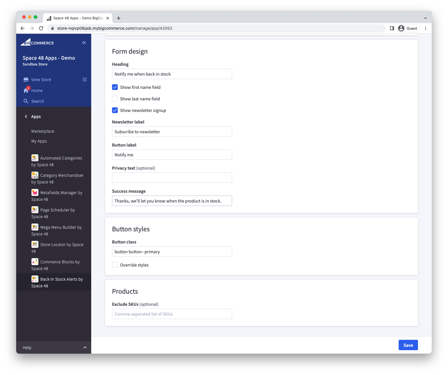 SKU exclusion field for the sign-up form