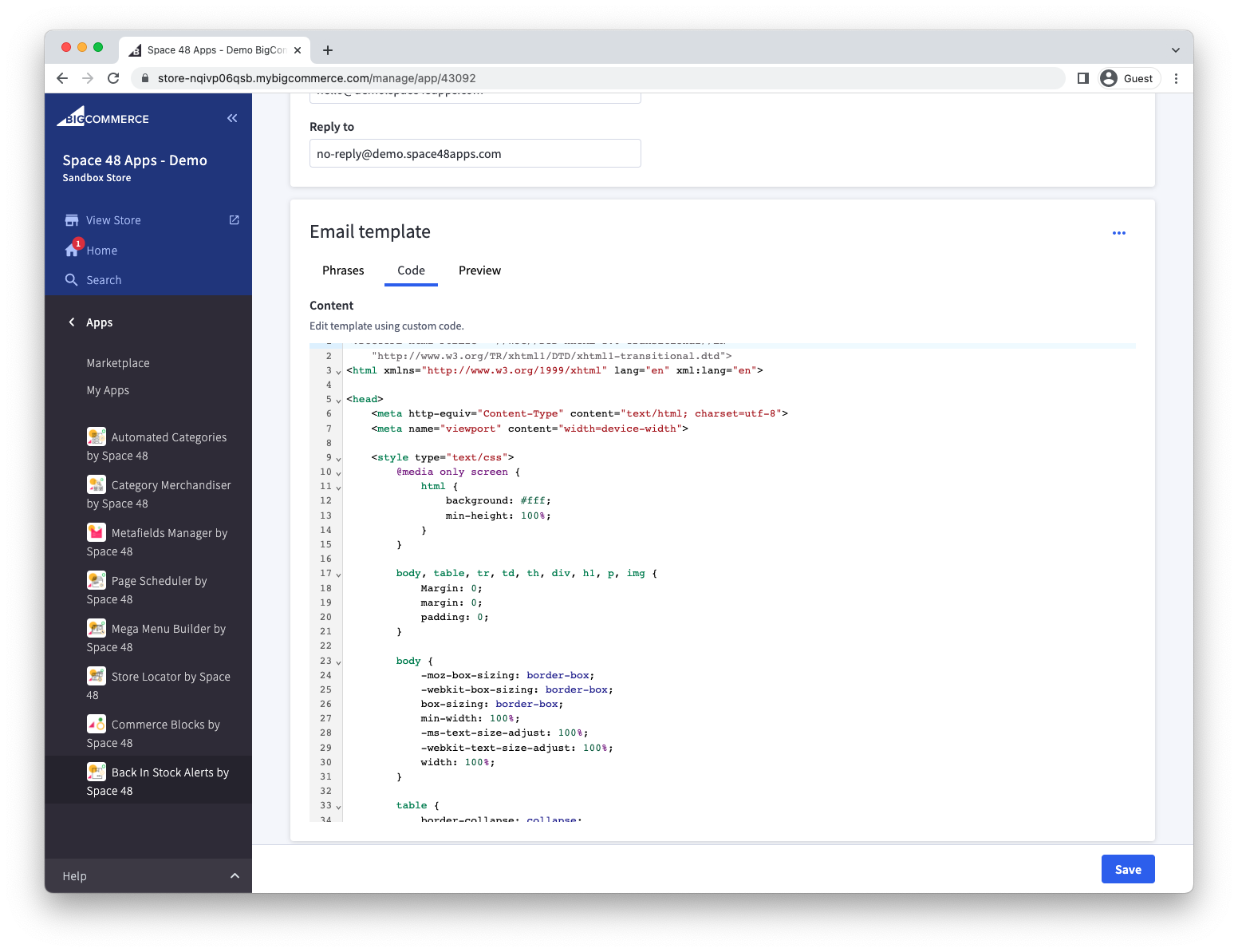 Notification email template editor