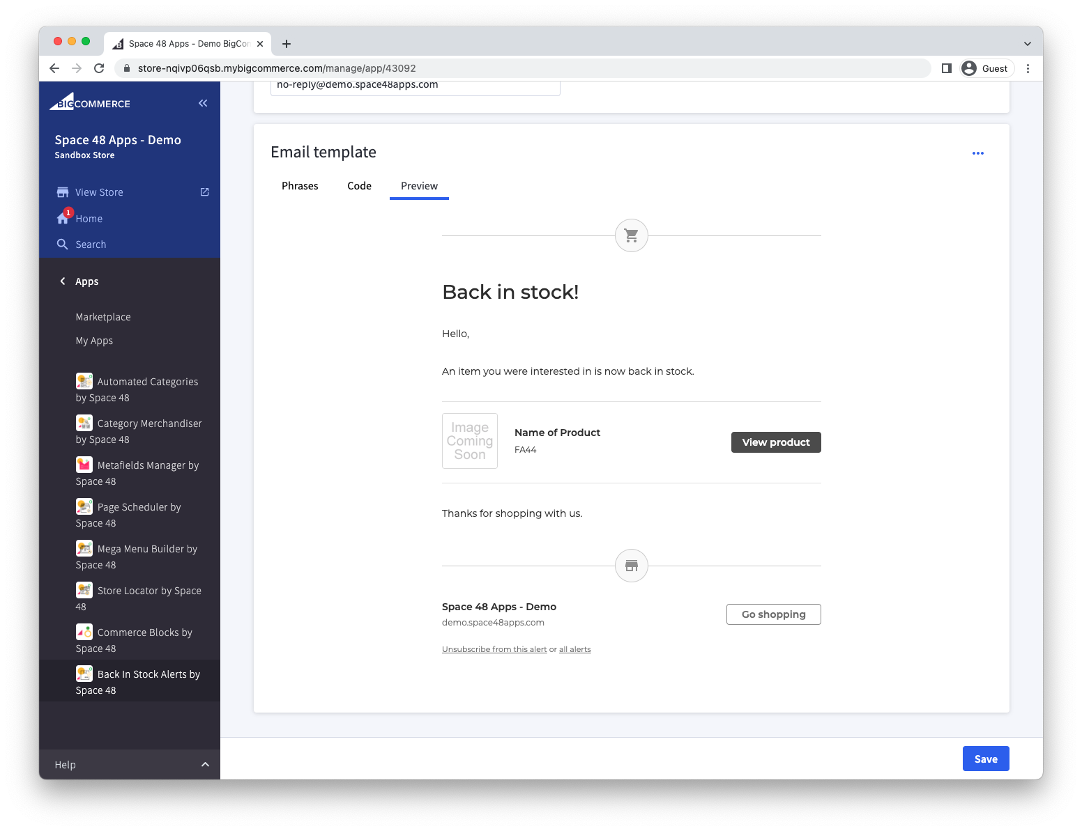 Preview of the customised notification email