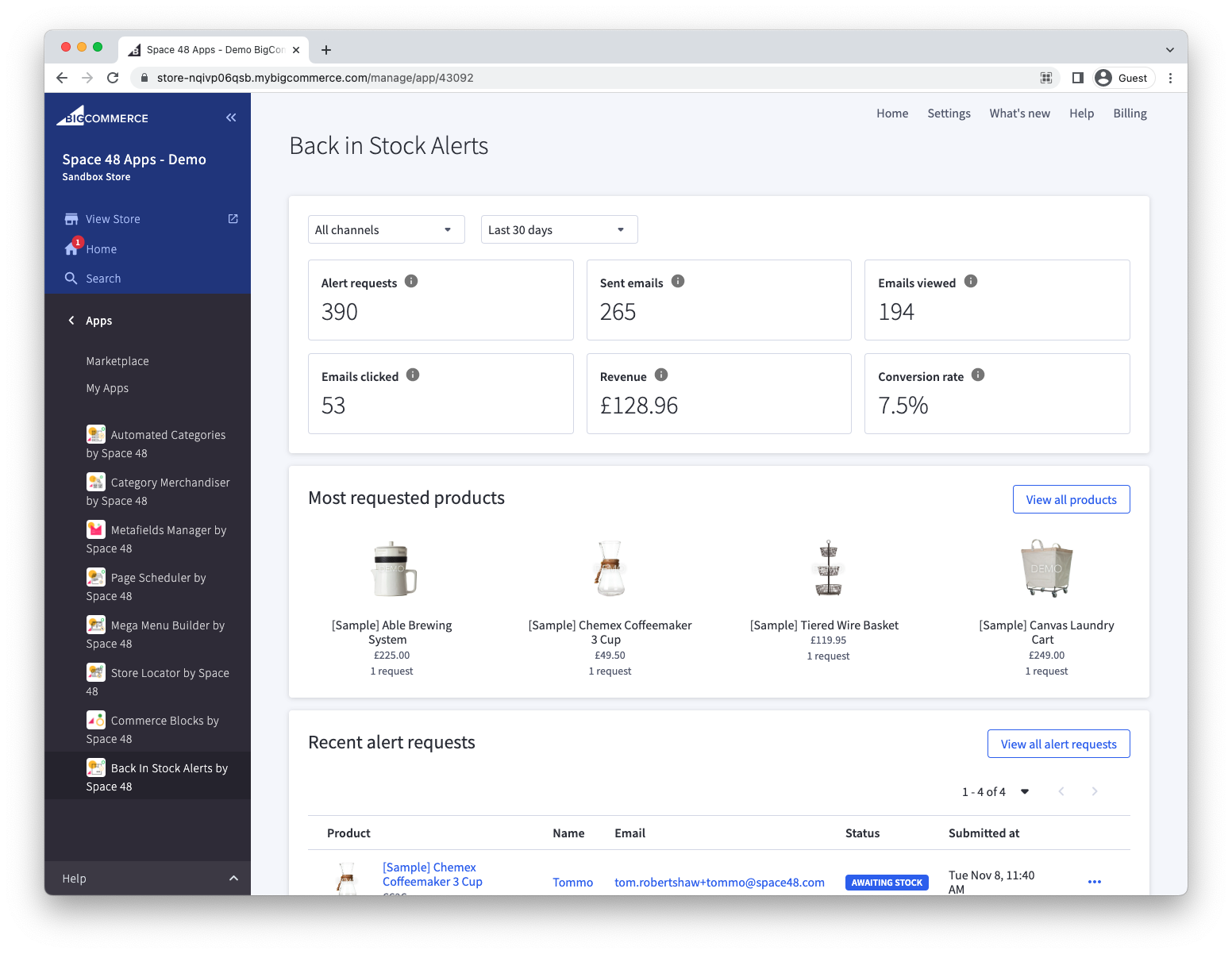 Back in Stock Alerts analytics dashboard