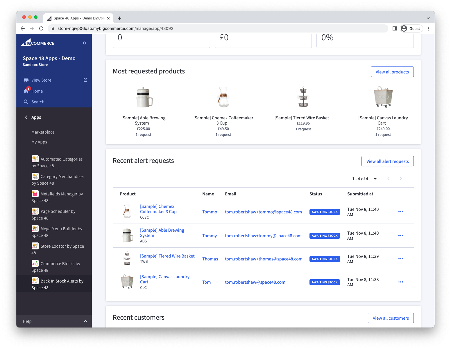 Dashboard list of the most requested products