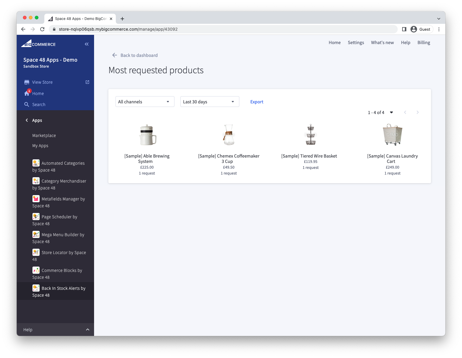 Requested products list with request totals