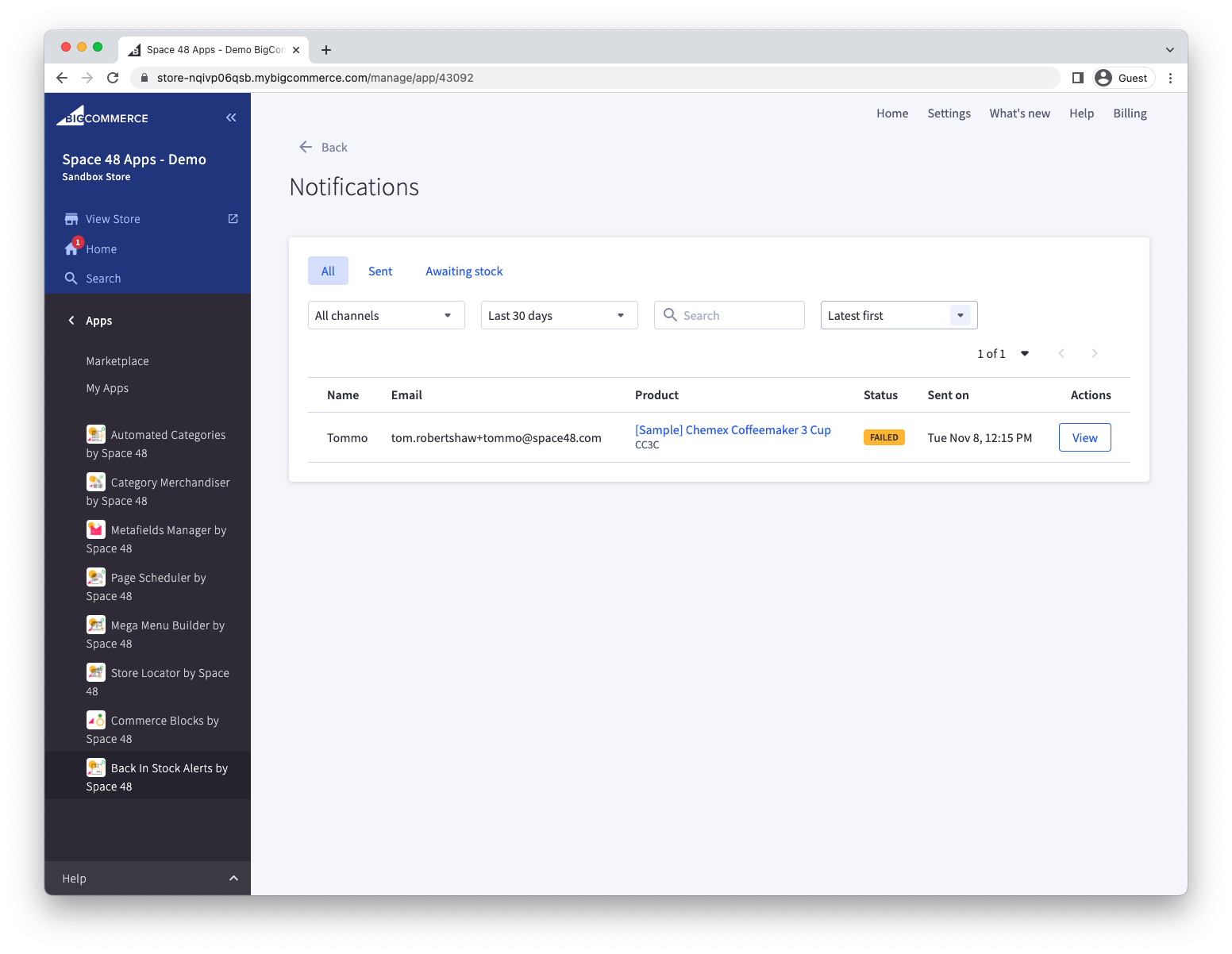 Sent notifications list with delivery and engagement details