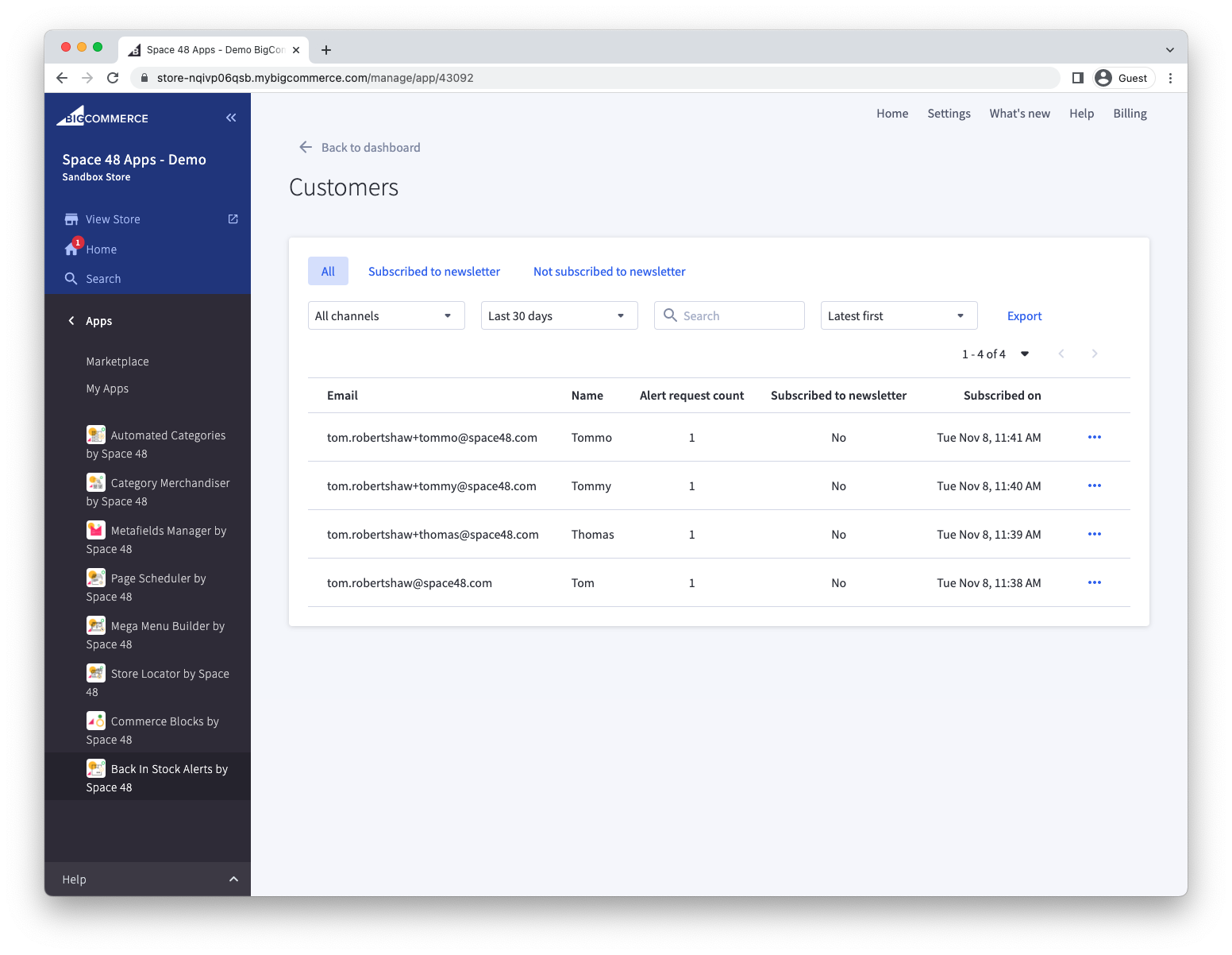 Customer list with alert and newsletter-consent details
