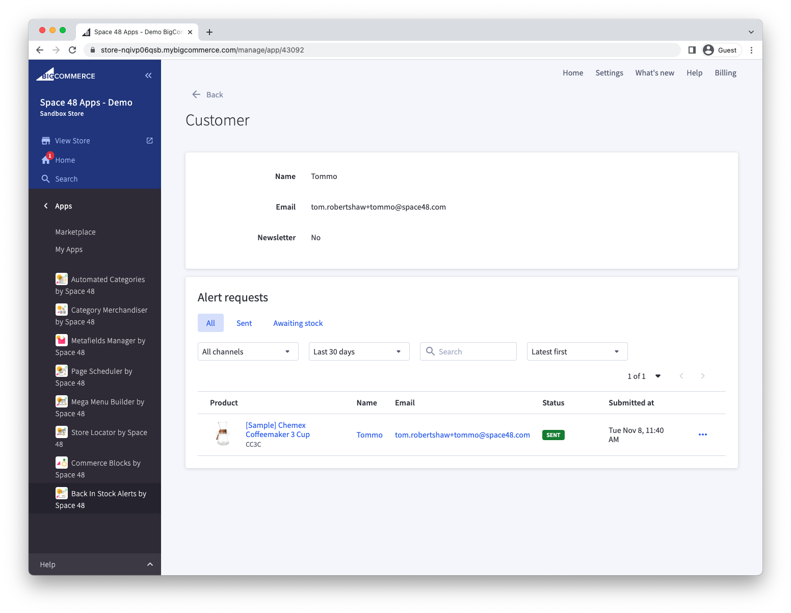 Customer detail showing requested products and order information