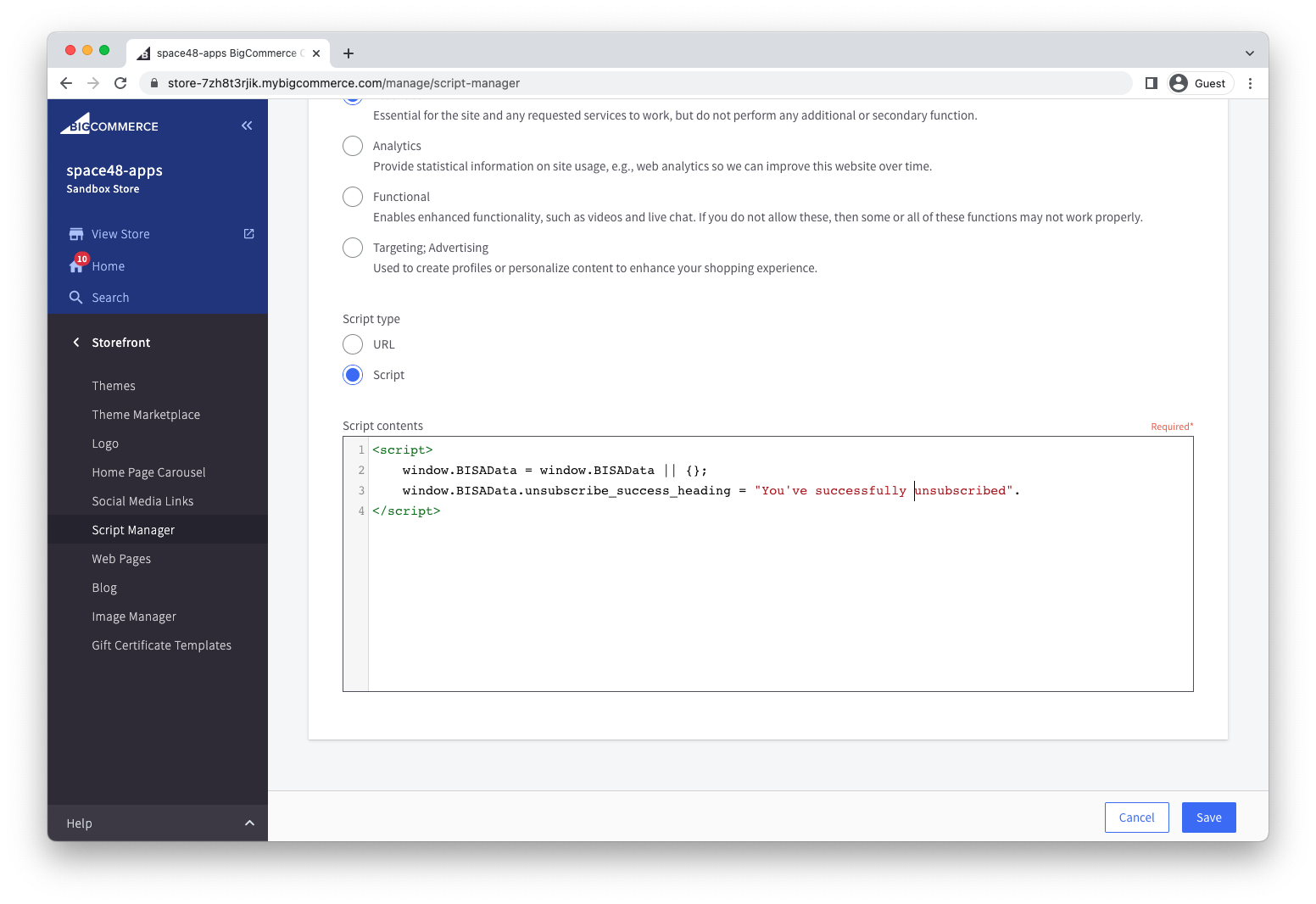 Header script in BigCommerce Script Manager