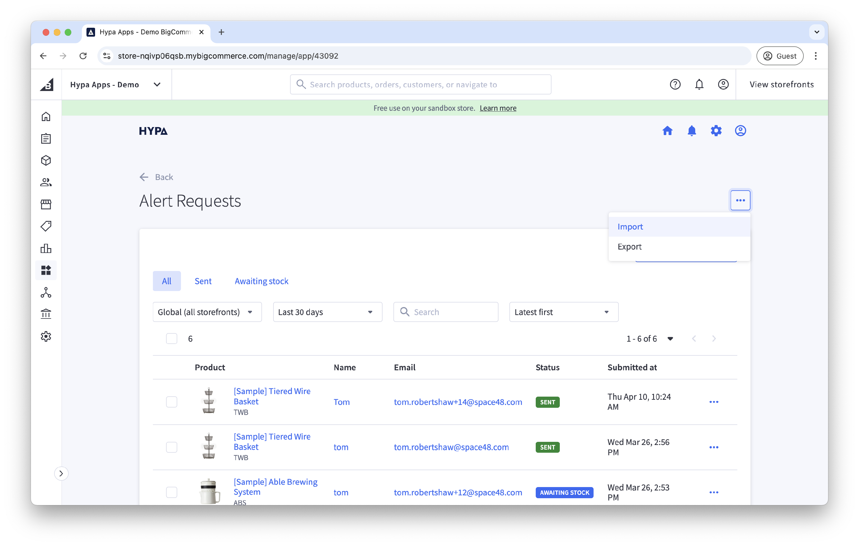 Import action on the alert requests page