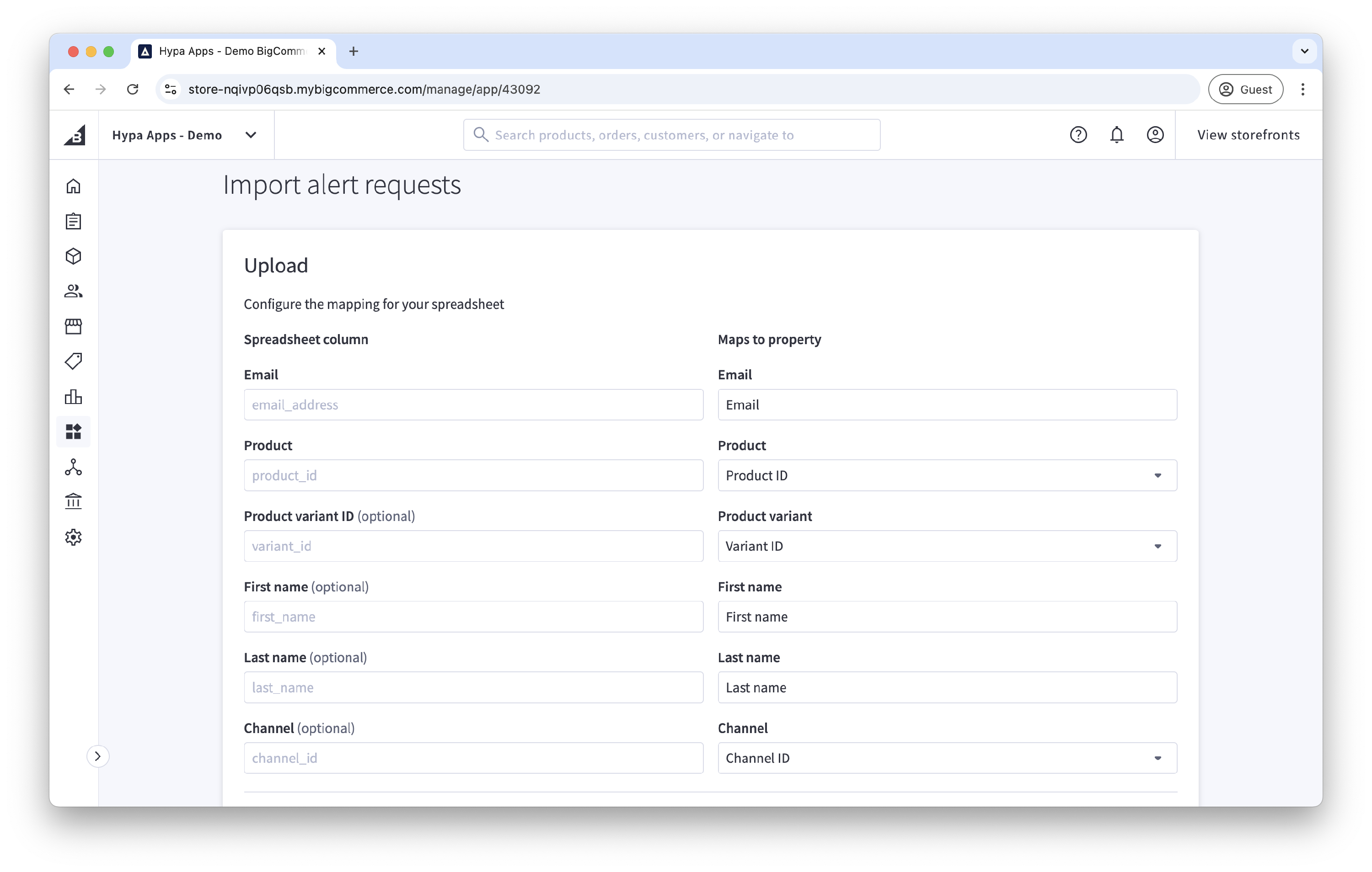 CSV column mapping form for an alert-request import