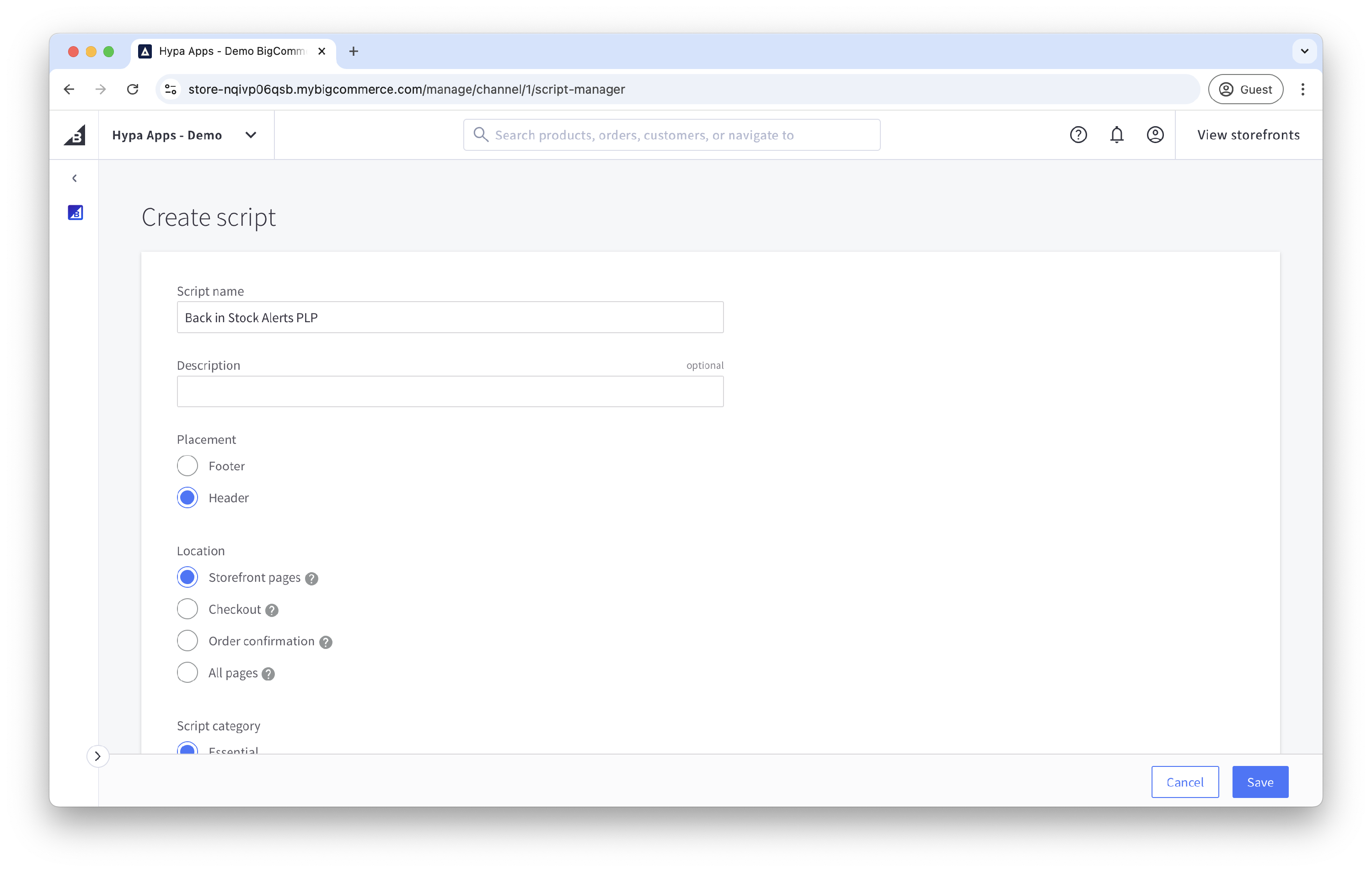 BigCommerce Script Manager settings for the category-page integration