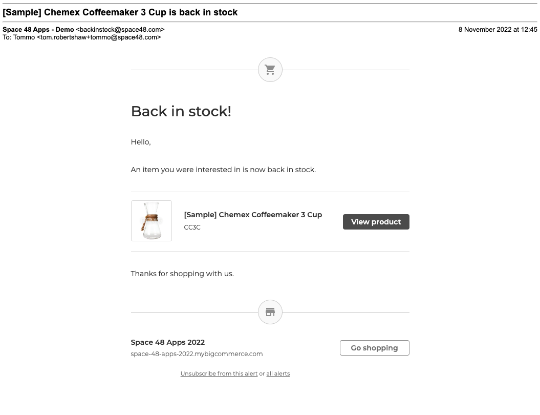 Back-in-stock notification email on a desktop screen
