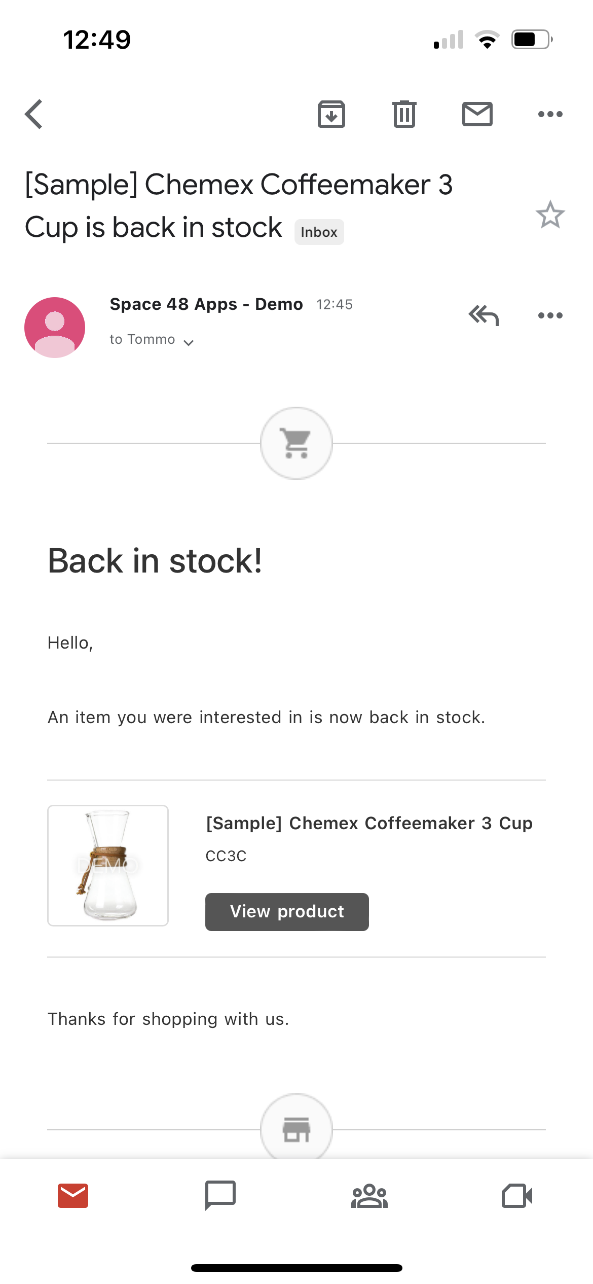 Back-in-stock notification email on a mobile screen